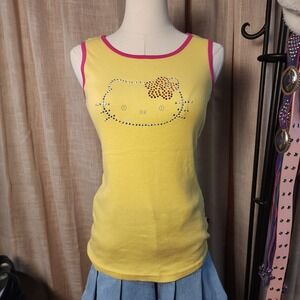 Hello Kitty Sanrio 2010 Rhinestone Tank Top L Yellow Pink Y2K McBling